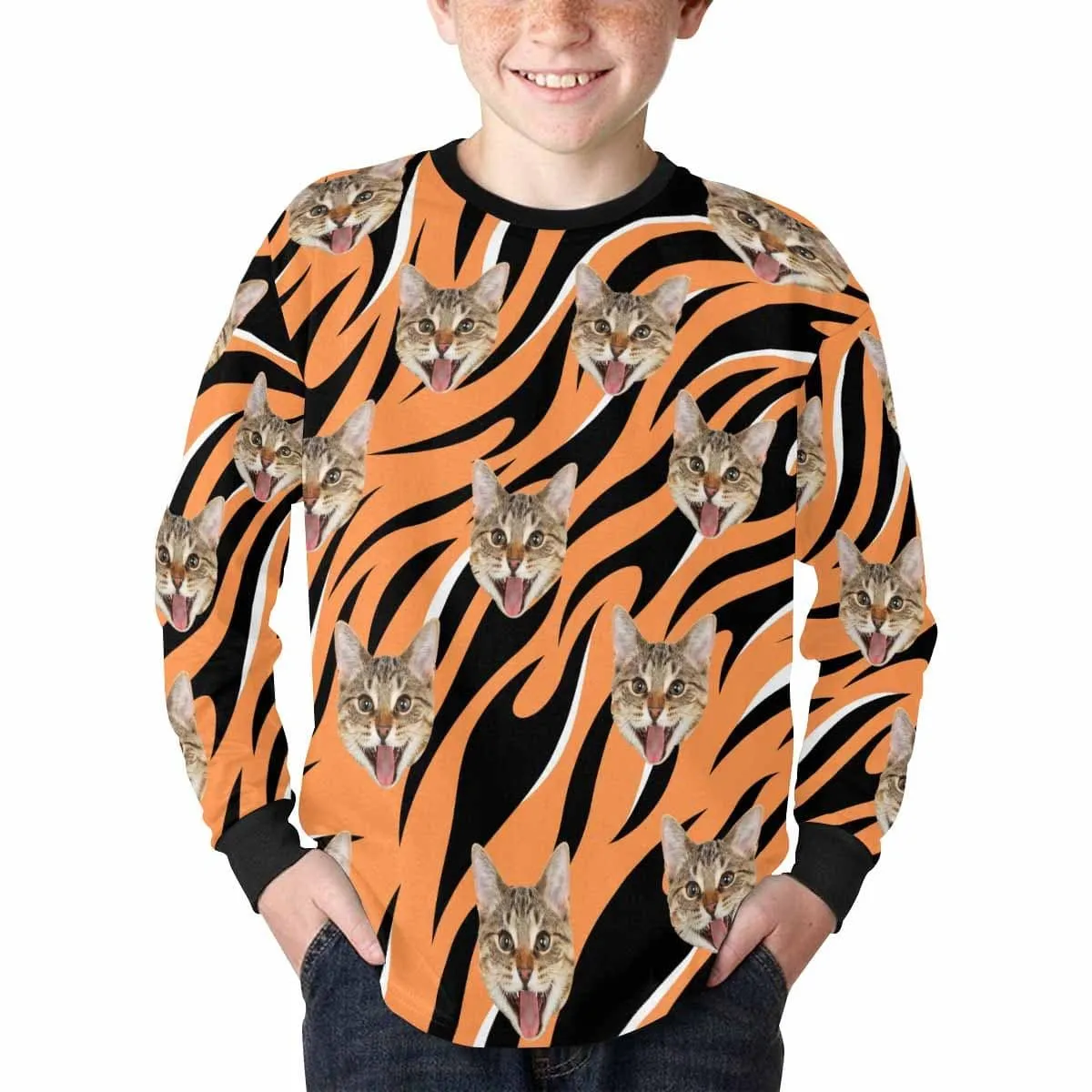 #7-16Y Custom Face Wave Kids' Rib Cuff Long Sleeve T-shirt