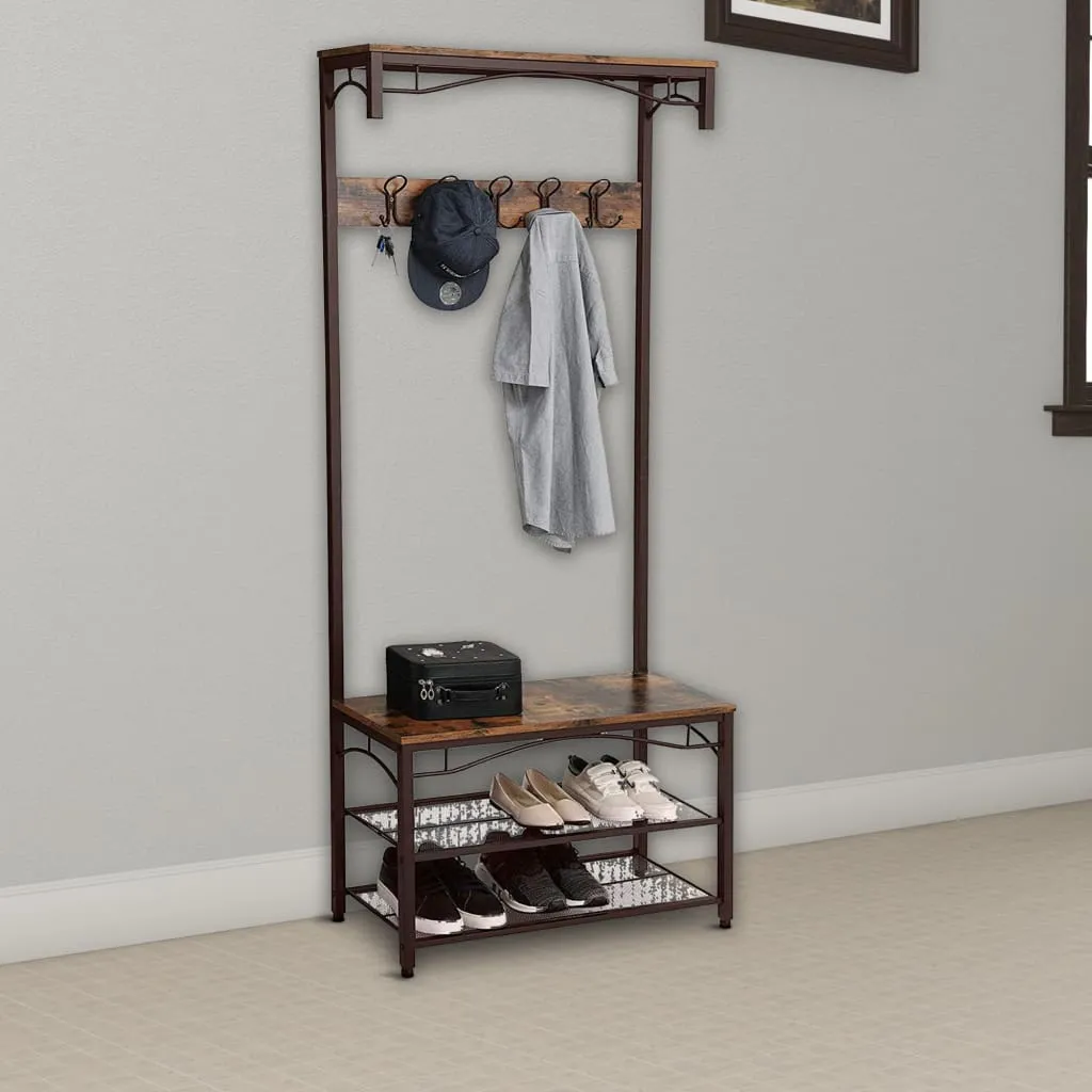 70" Industrial Metal Framed Coat Rack, Wood Bench, Two Mesh Shelves, Rustic Brown, Black By Casagear Home