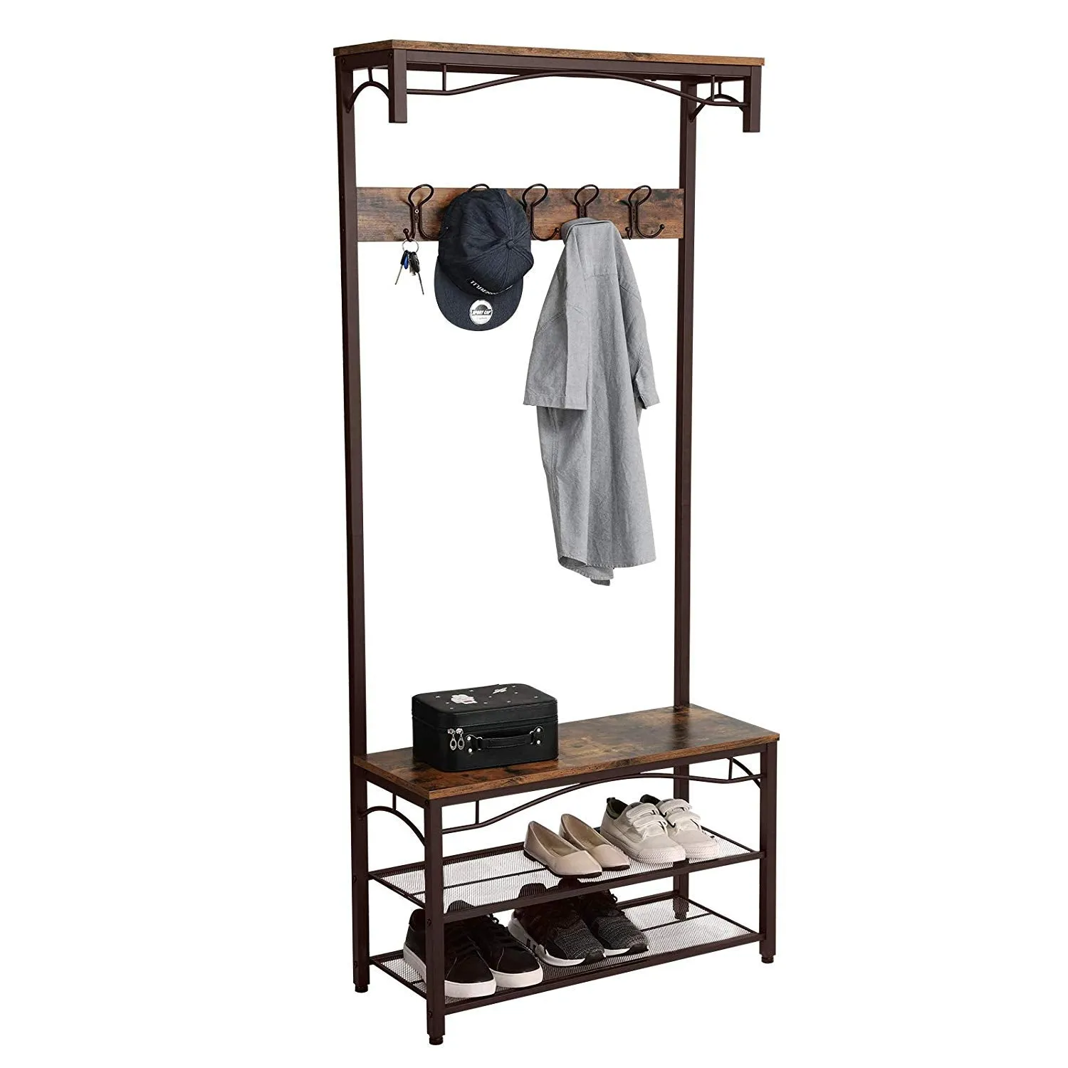 70" Industrial Metal Framed Coat Rack, Wood Bench, Two Mesh Shelves, Rustic Brown, Black By Casagear Home