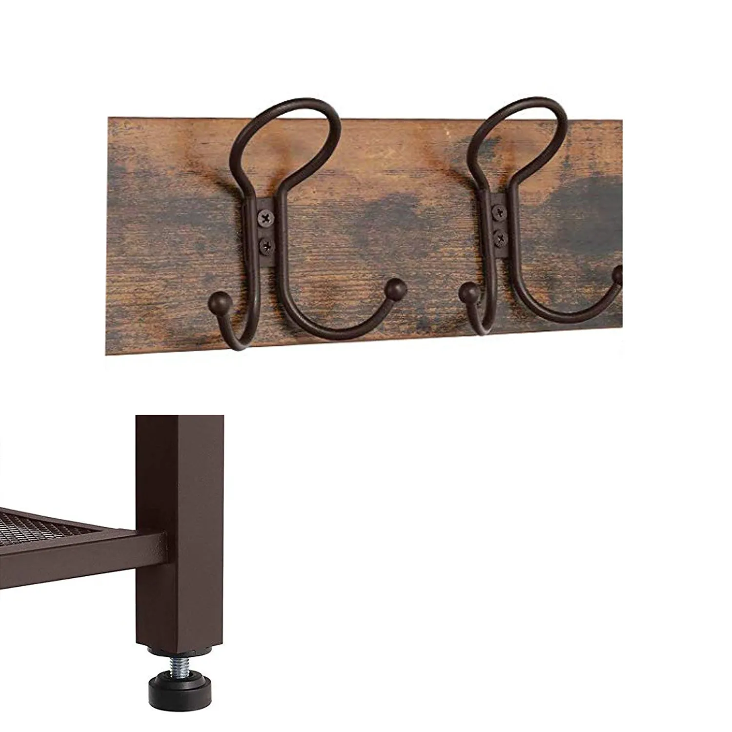 70" Industrial Metal Framed Coat Rack, Wood Bench, Two Mesh Shelves, Rustic Brown, Black By Casagear Home