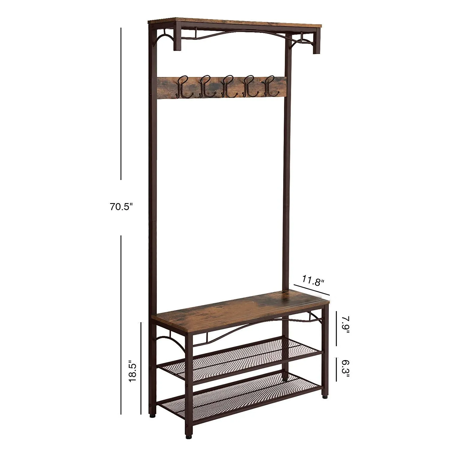 70" Industrial Metal Framed Coat Rack, Wood Bench, Two Mesh Shelves, Rustic Brown, Black By Casagear Home