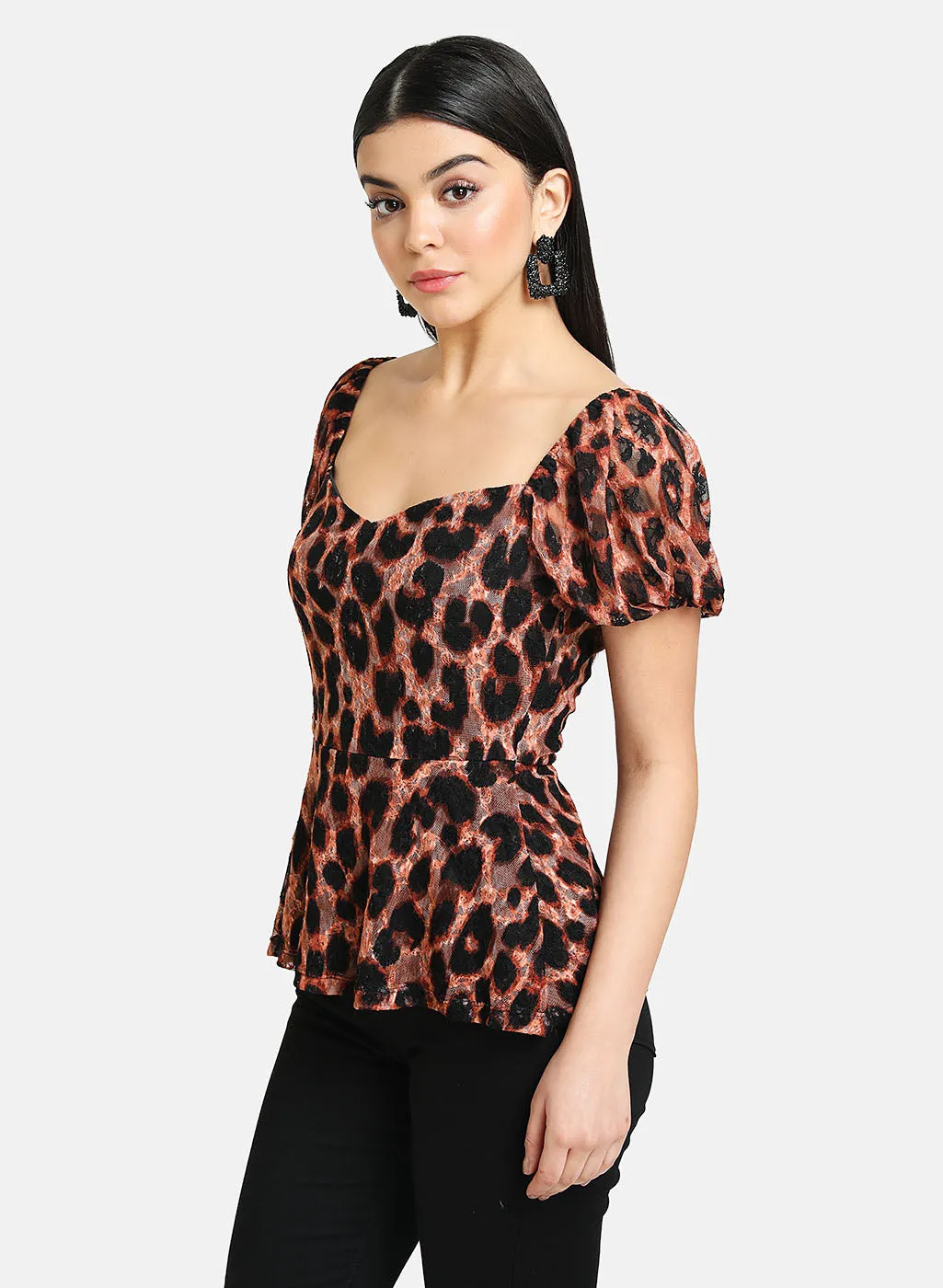 Animal Print Lace Top With Peplum