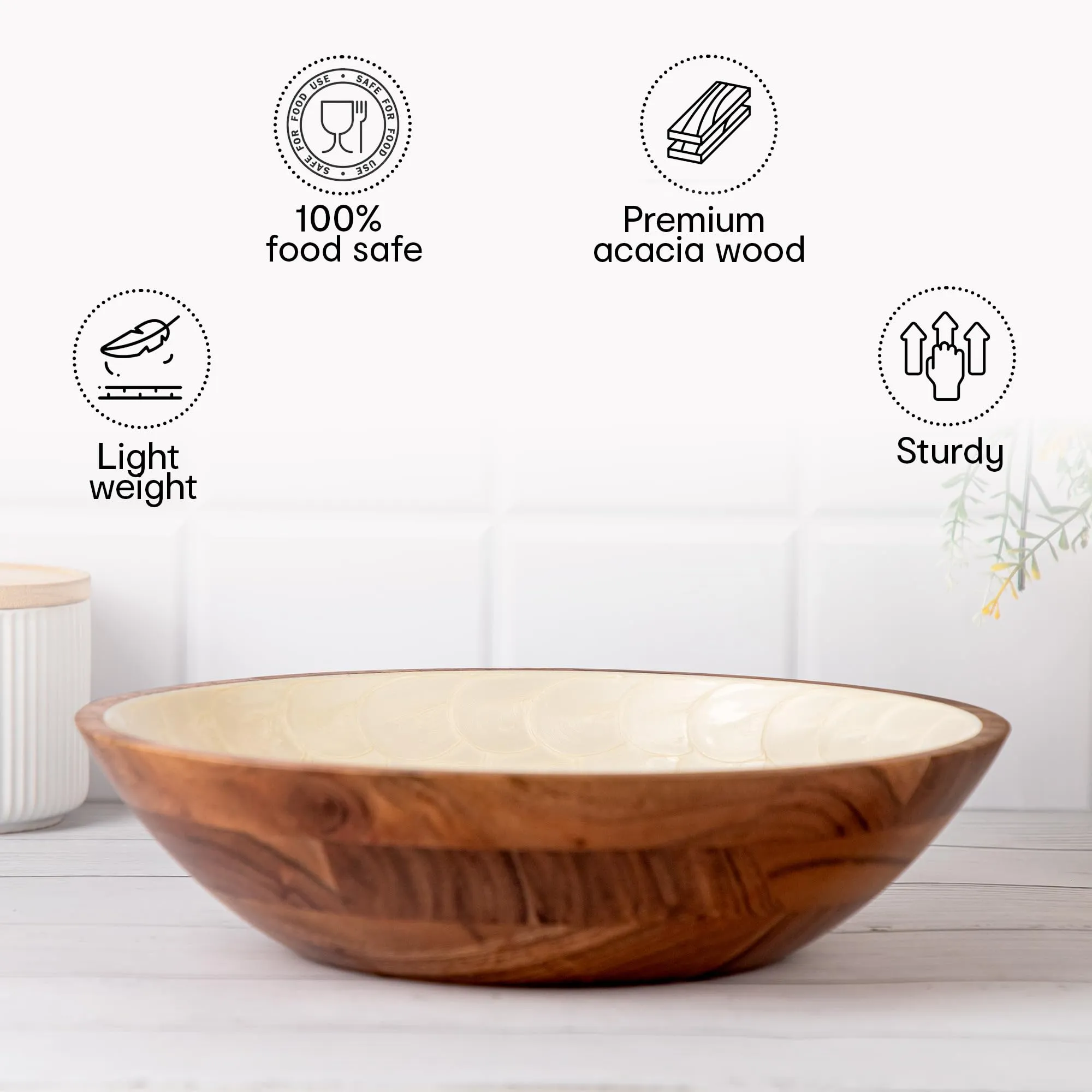 anko Exquisite Pearl Enamel Bowl | Acacia Wood | 29x29x7.5cm | 0.750 kg | Stylish and Functional Design | Certified Food Safe