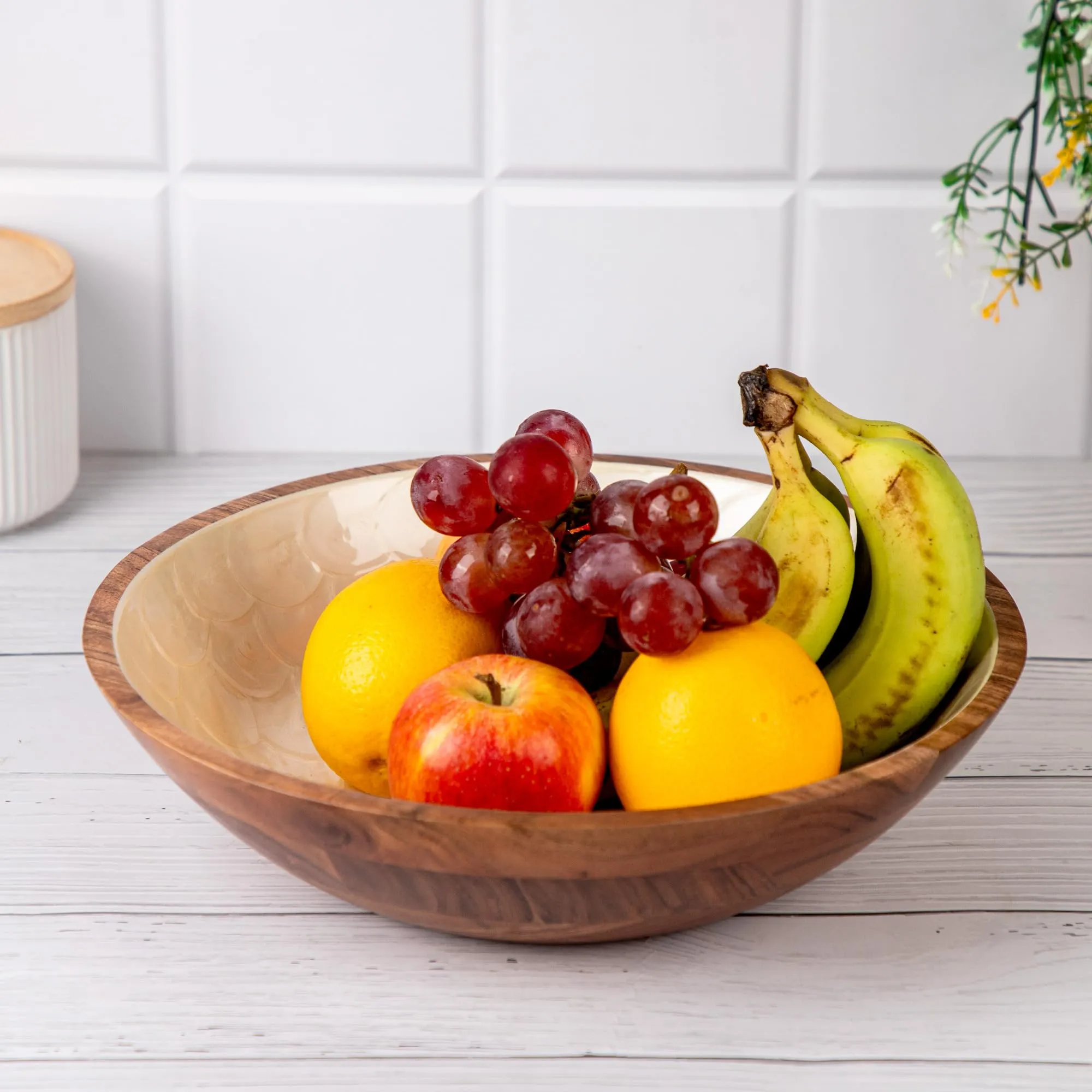 anko Exquisite Pearl Enamel Bowl | Acacia Wood | 29x29x7.5cm | 0.750 kg | Stylish and Functional Design | Certified Food Safe