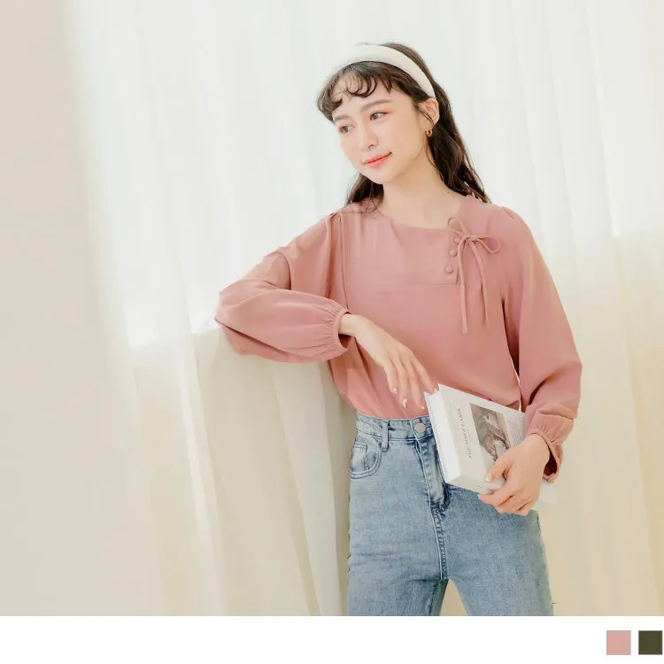 ASYMMETRICAL LONG SLEEVE PUFF SLEEVE BUTTONS TOPS