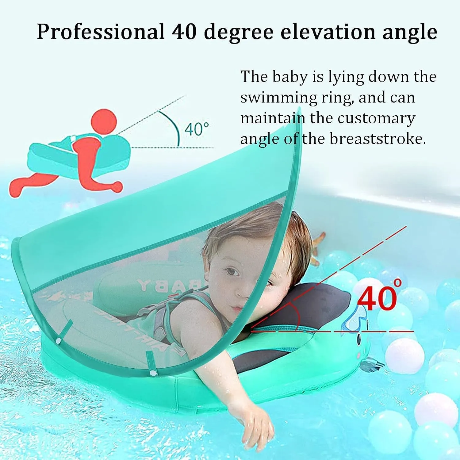 Baby Pool Float with Canopy UPF 50 , Non Inflatable  Float, Baby Floaties for Infants Swimming Training, No Flip over Baby Swimming Float