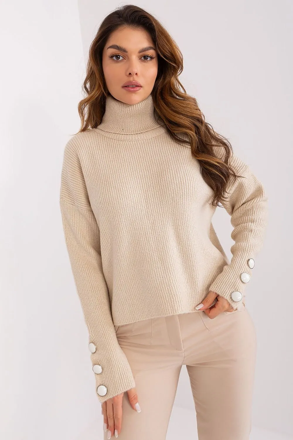 BADU Women's European-made Knitted Turtleneck Sweater with Decorative Sleeves Buttons