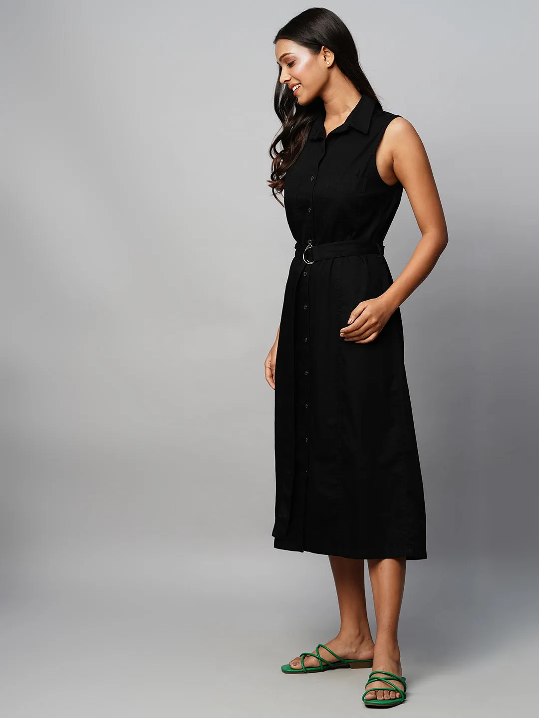 Black Denim Belted Sleeveless Shirt Dress