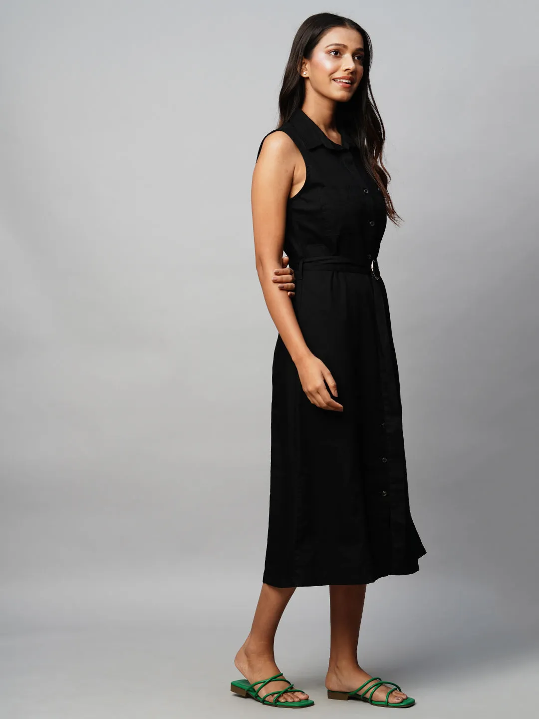 Black Denim Belted Sleeveless Shirt Dress