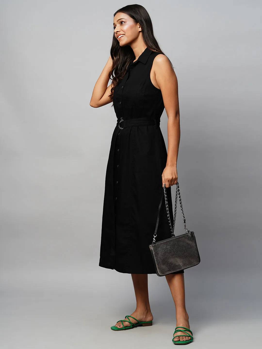 Black Denim Belted Sleeveless Shirt Dress