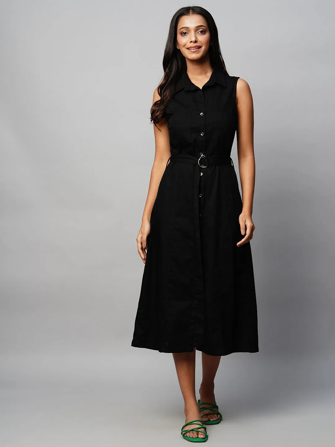 Black Denim Belted Sleeveless Shirt Dress