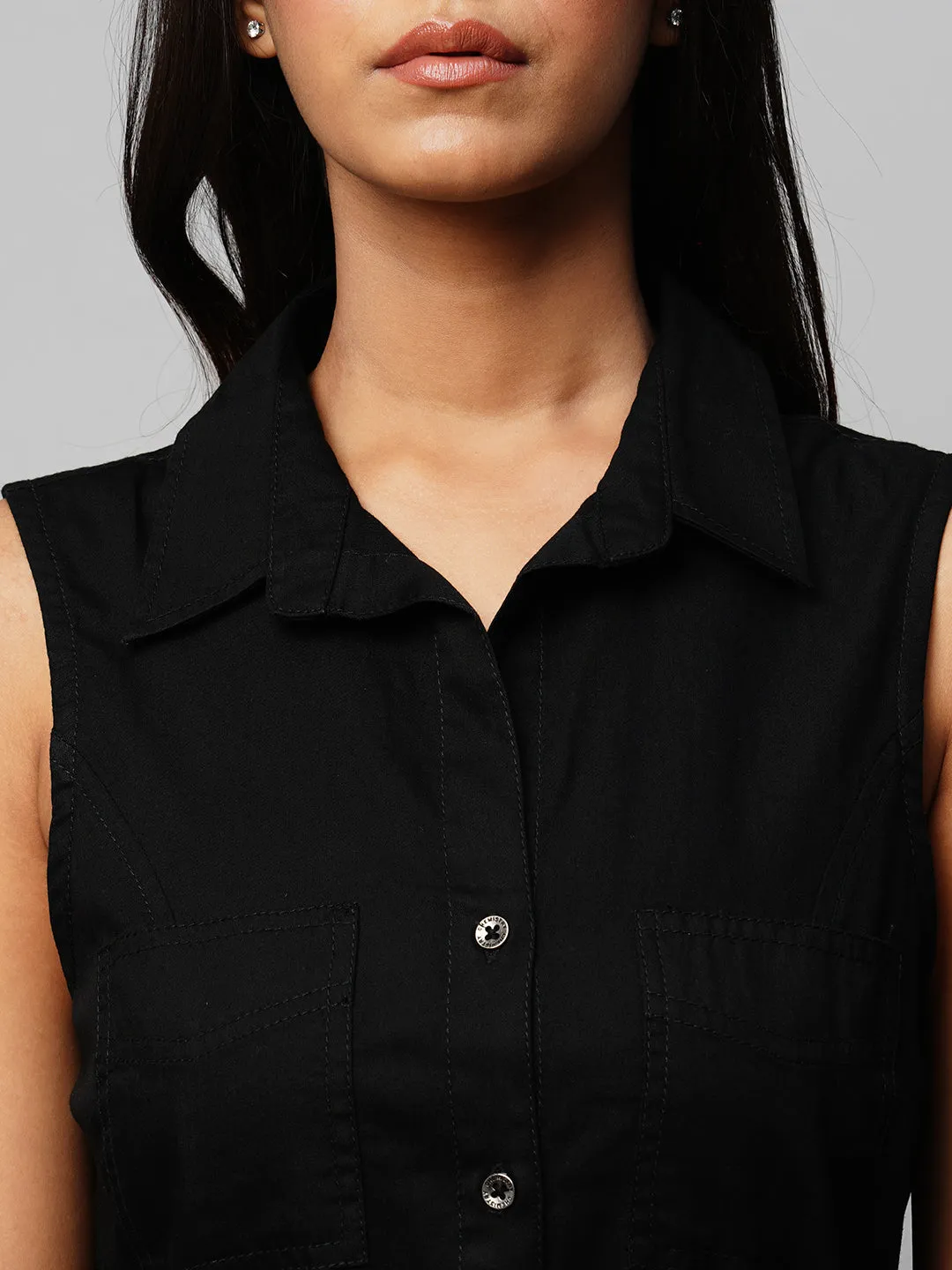 Black Denim Belted Sleeveless Shirt Dress