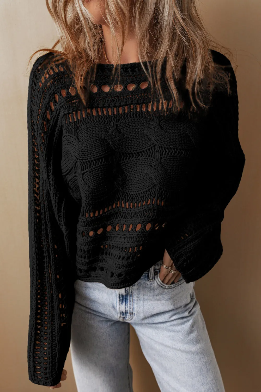 Black Hollow-out Cable Knit Cropped Sweater