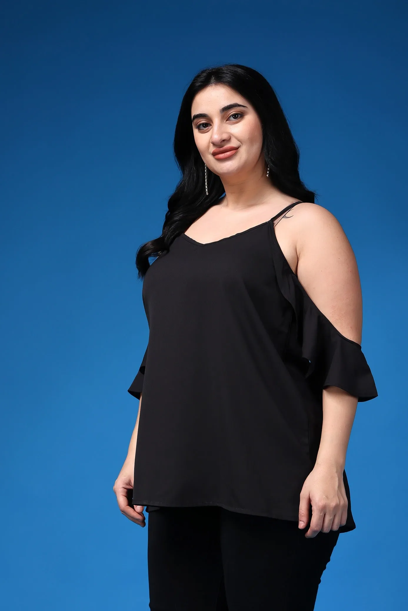 Black Solid Long Top with Cold Shoulder