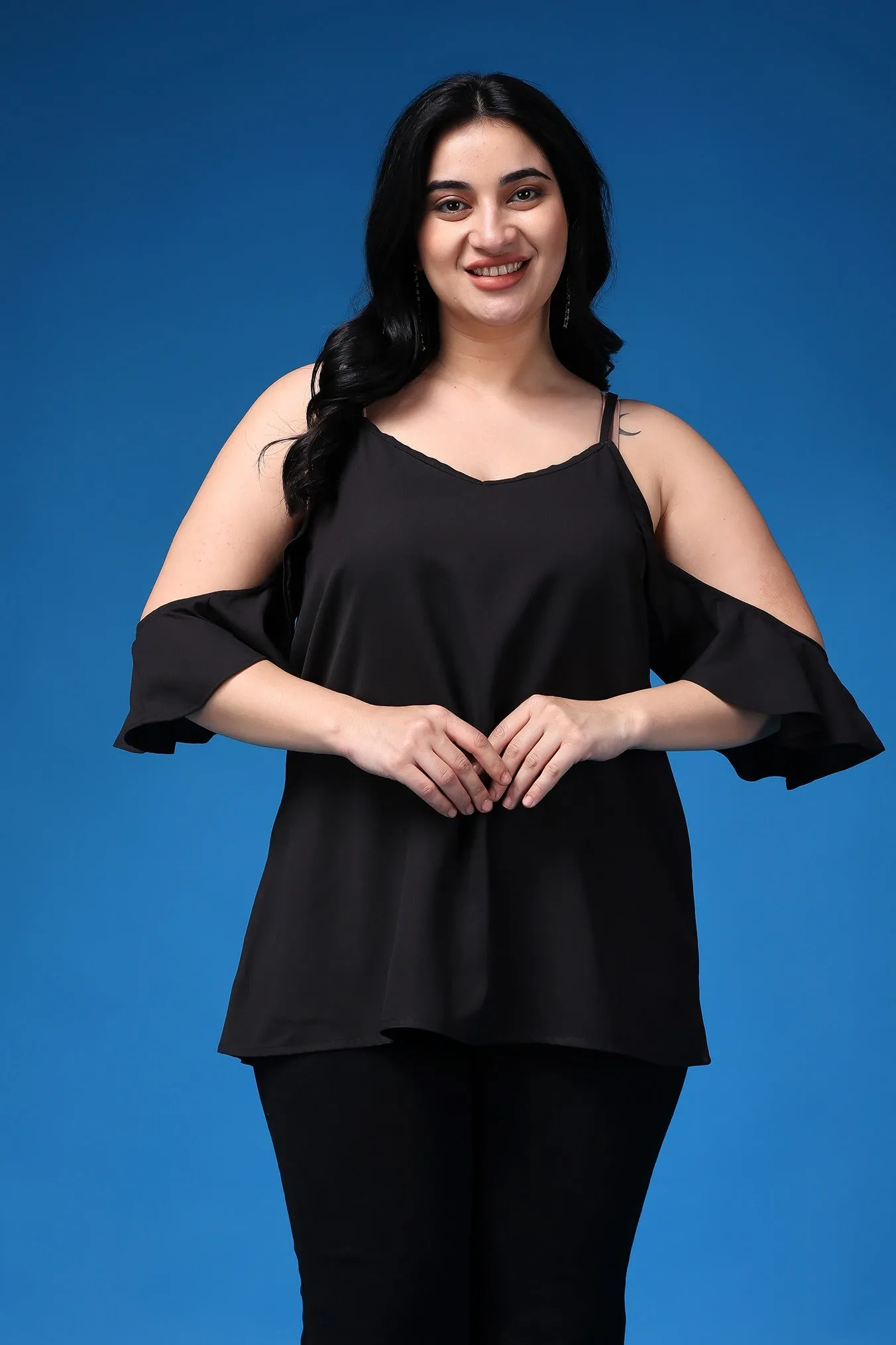 Black Solid Long Top with Cold Shoulder