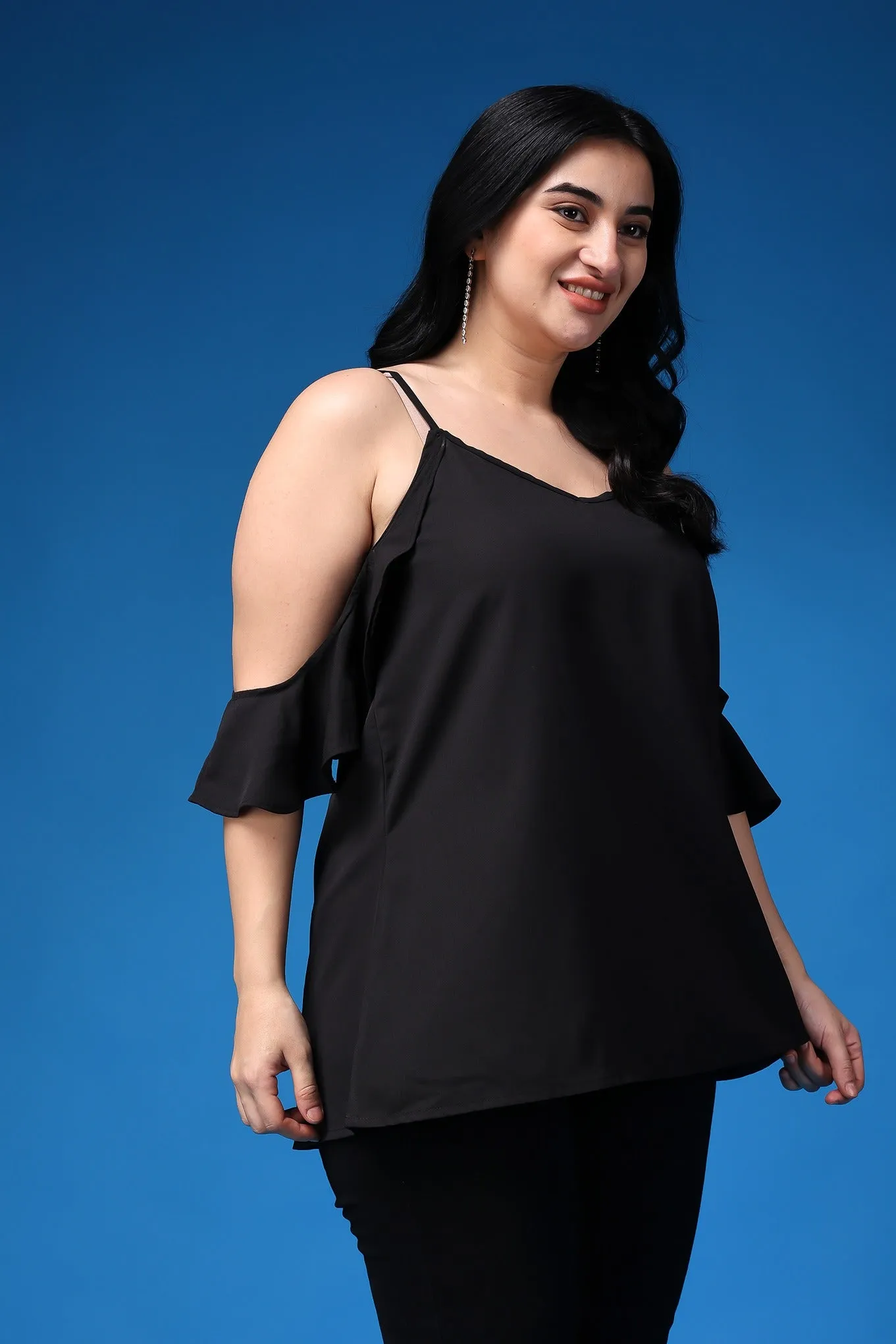 Black Solid Long Top with Cold Shoulder