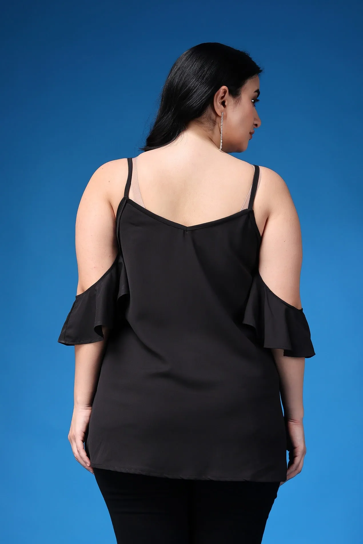 Black Solid Long Top with Cold Shoulder