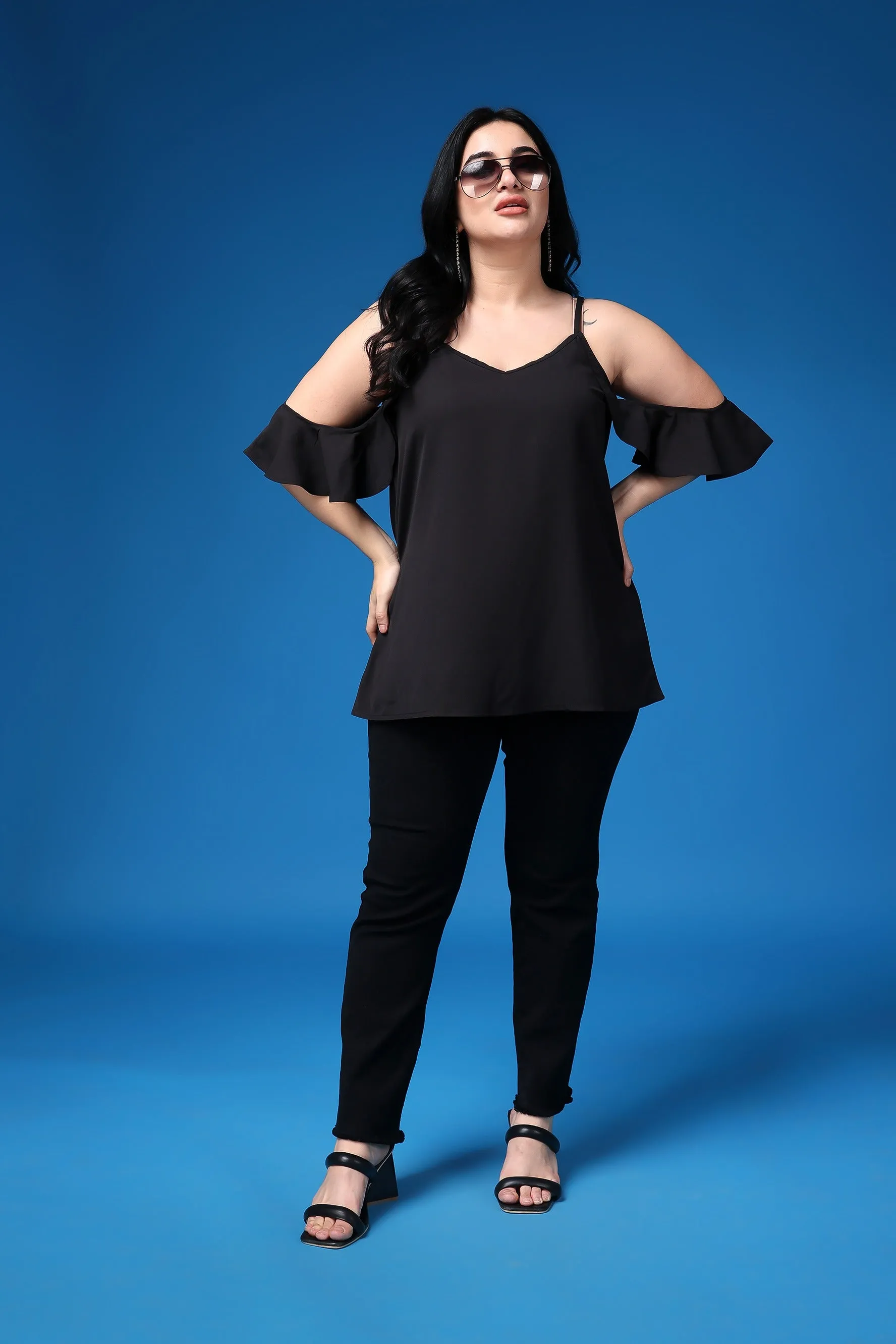 Black Solid Long Top with Cold Shoulder