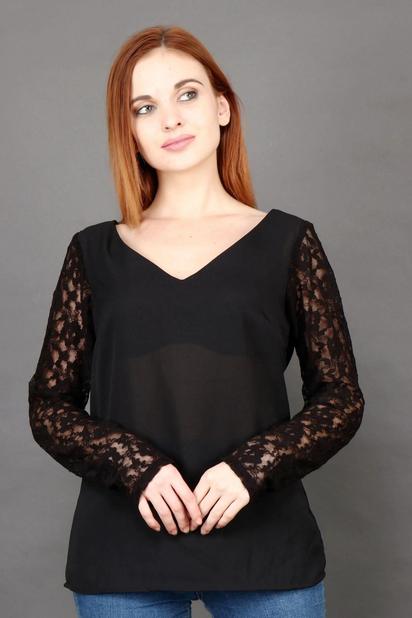 Black Solid Top with Net Mesh Sleeves