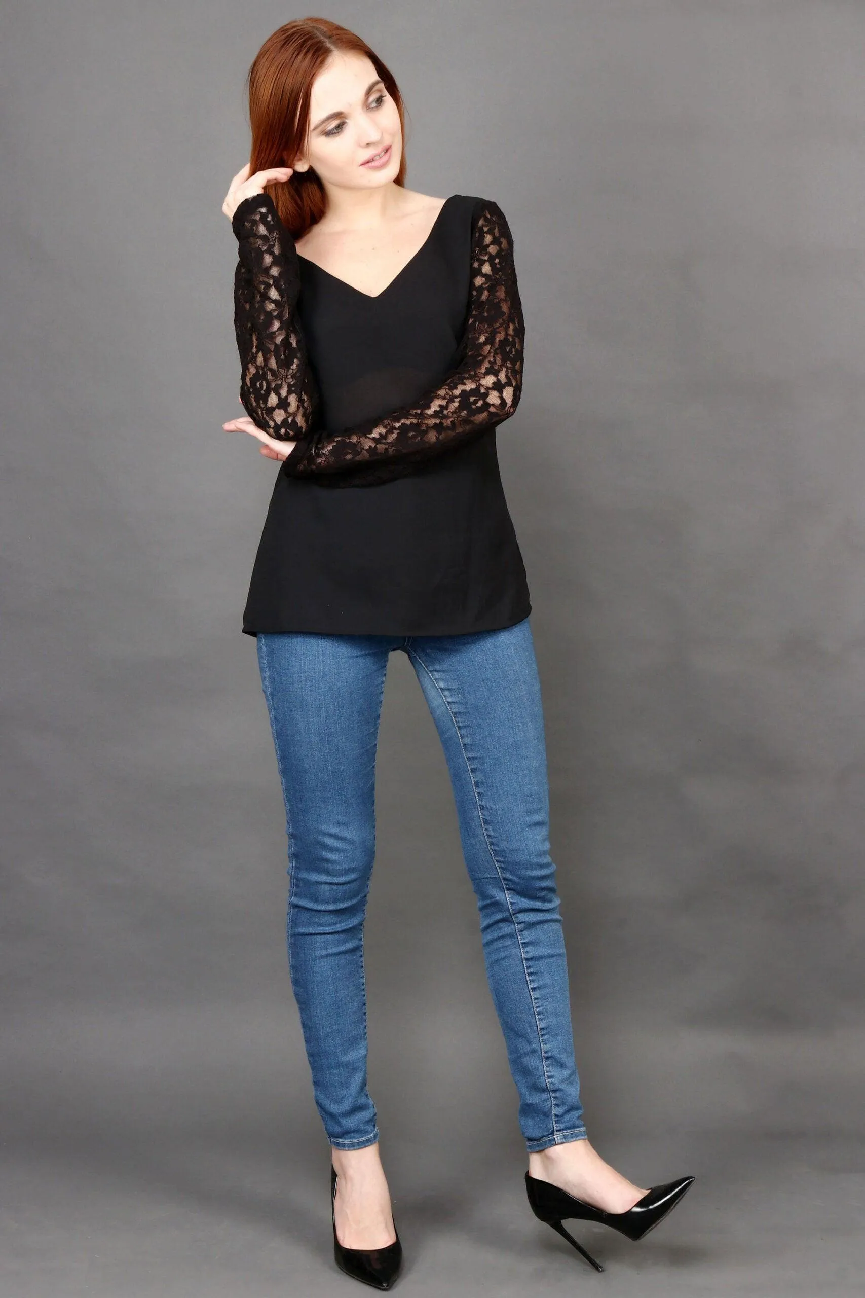 Black Solid Top with Net Mesh Sleeves