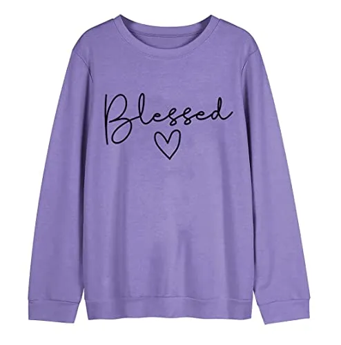 Blessed Sweatshirt for Women Letter Print Lightweight Thanksgiving Pullover Tops Blouse Purple