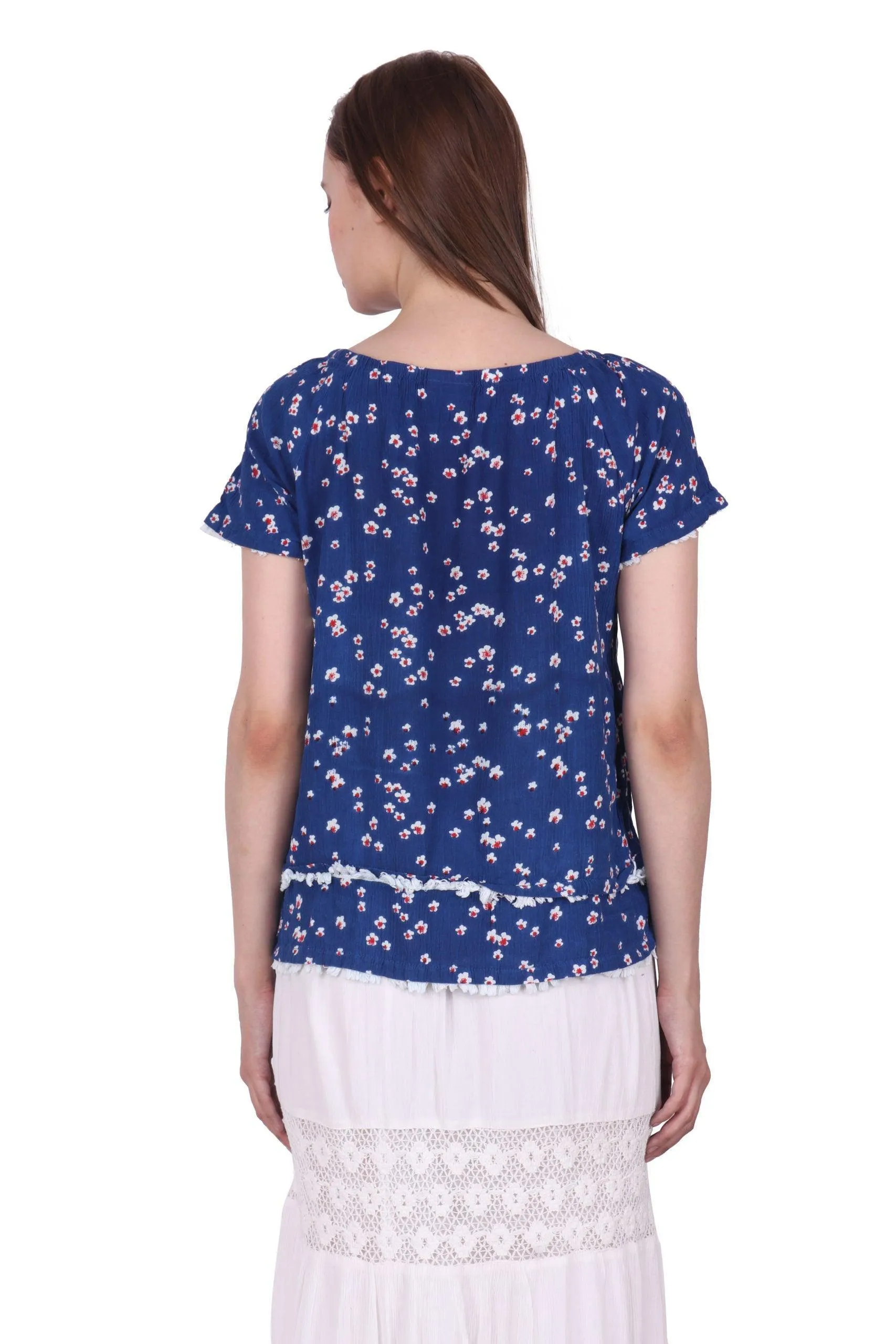 Blue Floral Printed Top with Fringe Lace