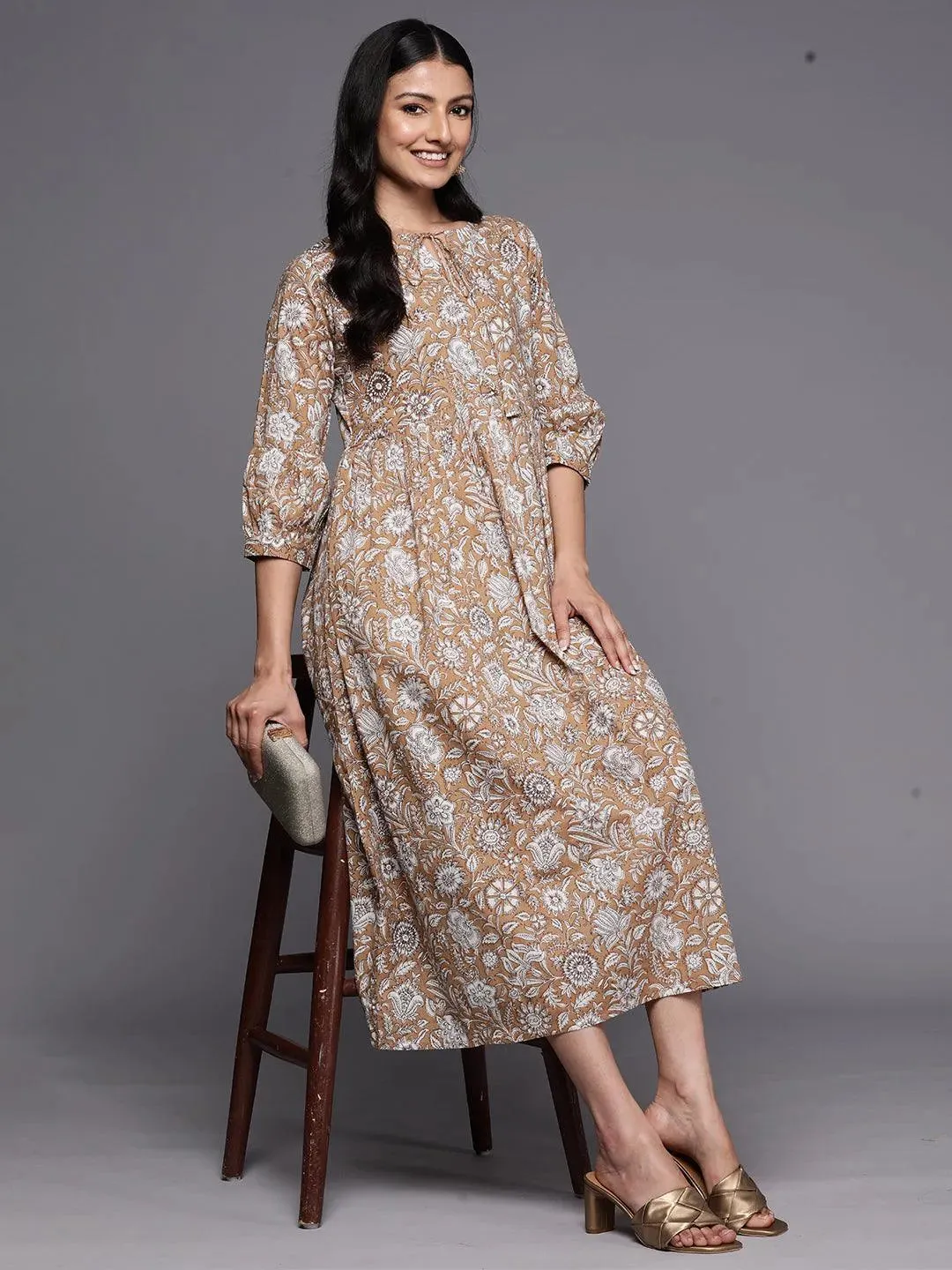 Camel Brown Printed Cotton Empire Dress