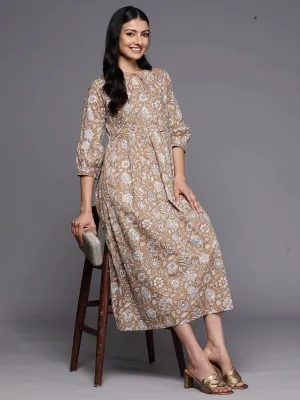 Camel Brown Printed Cotton Empire Dress