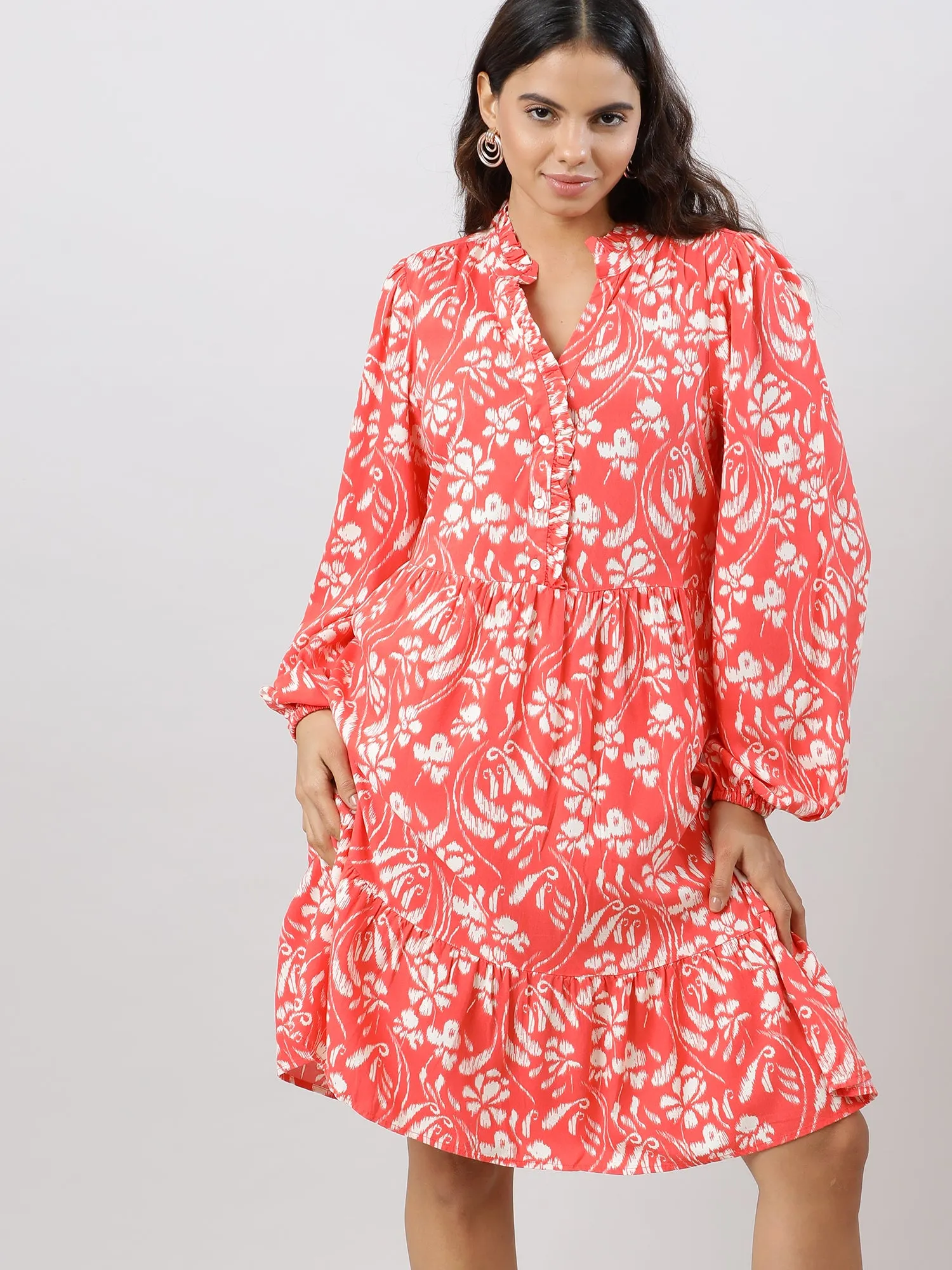 Casual Coral Printed Midi Dress