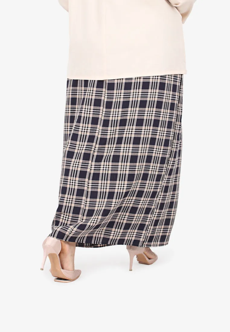 Cesaria Long Checkered Straight Cut Skirt - Navy Blue