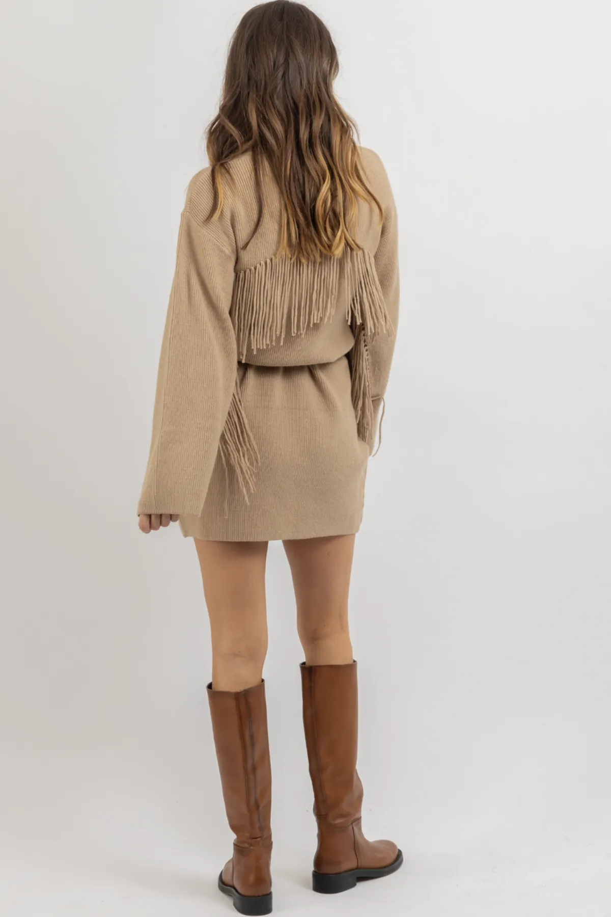 CHARLEY TAN FRINGED SWEATER MINI DRESS