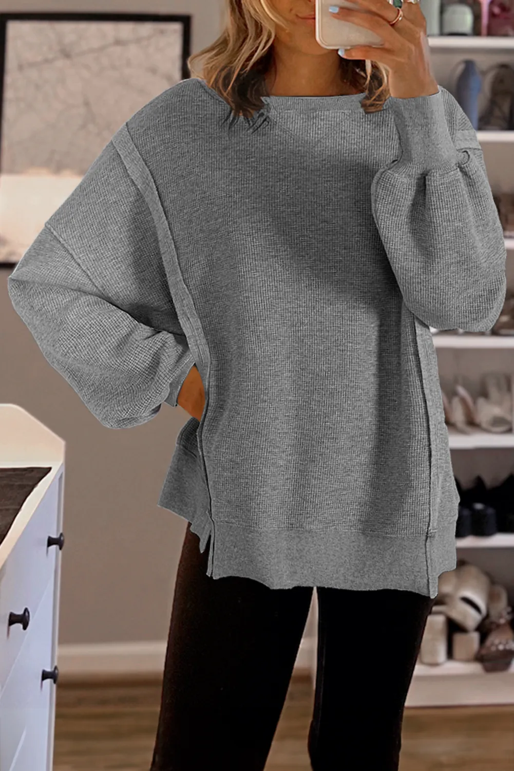 Cozy Chic Waffle Knit Bishop Sleeve Split Oversized Sweatshirt