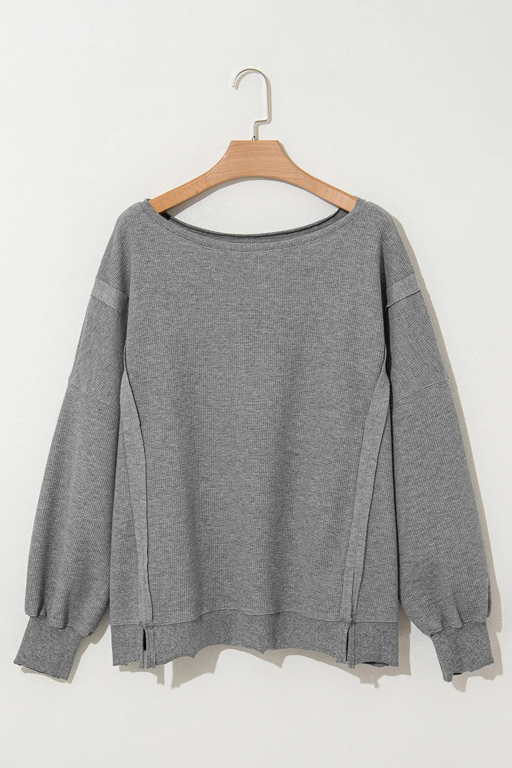 Cozy Chic Waffle Knit Bishop Sleeve Split Oversized Sweatshirt