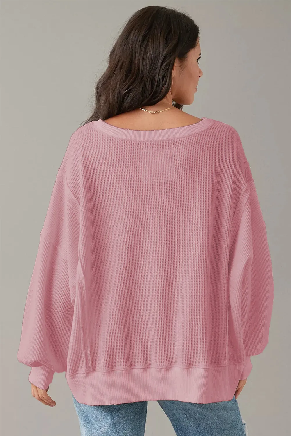 Cozy Chic Waffle Knit Bishop Sleeve Split Oversized Sweatshirt