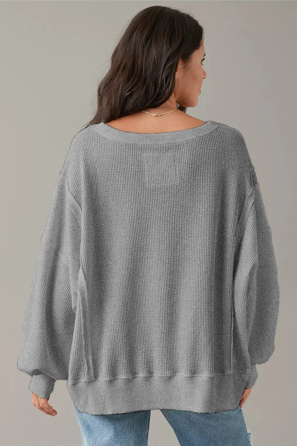 Cozy Chic Waffle Knit Bishop Sleeve Split Oversized Sweatshirt