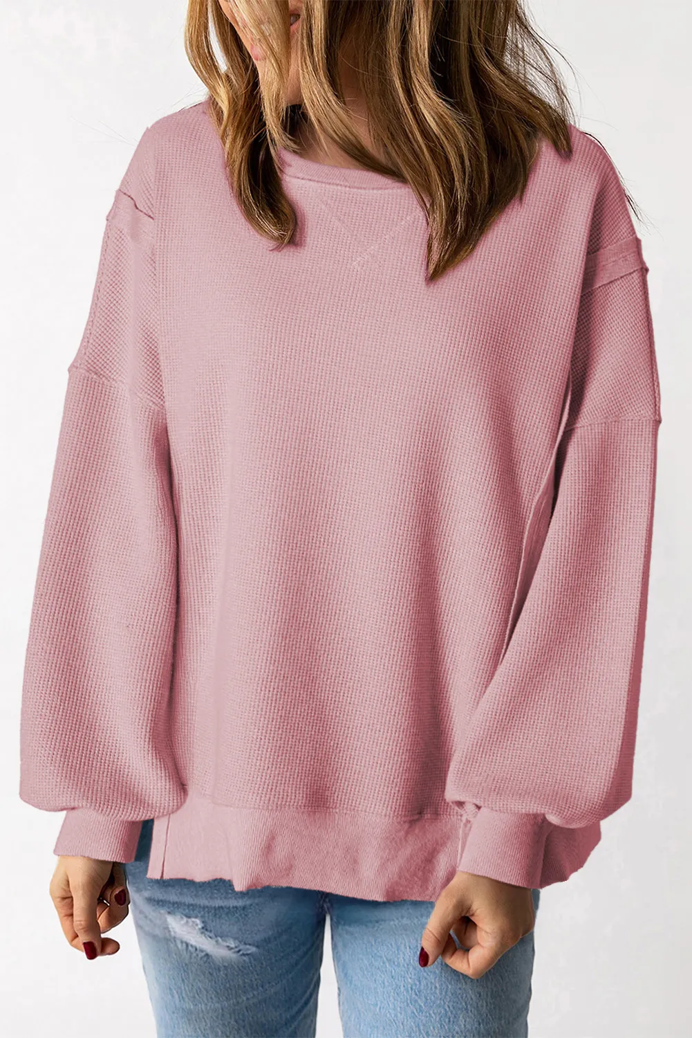 Cozy Chic Waffle Knit Bishop Sleeve Split Oversized Sweatshirt