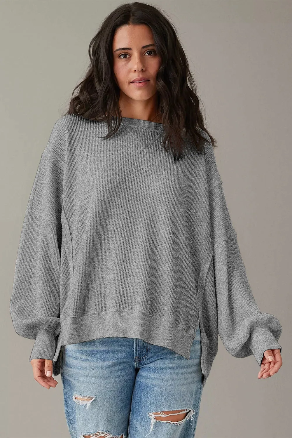 Cozy Chic Waffle Knit Bishop Sleeve Split Oversized Sweatshirt