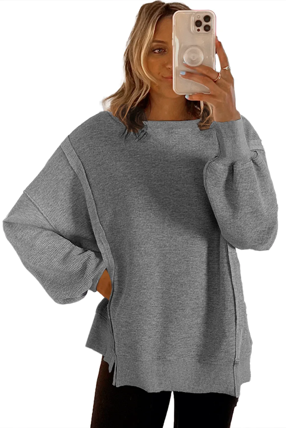 Cozy Chic Waffle Knit Bishop Sleeve Split Oversized Sweatshirt