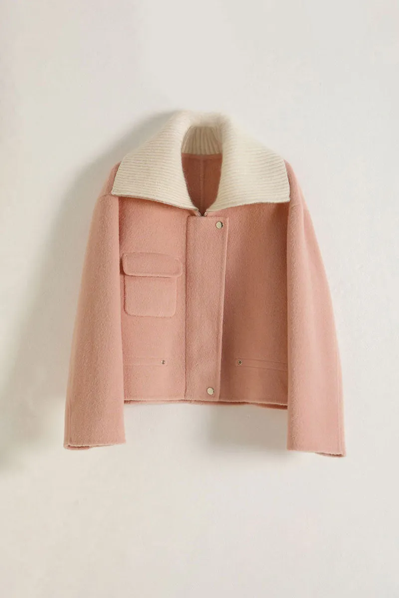 Cropped Silk-Camel Hair-Wool Blend Zip-Up Jacket with Wide Ribbed Collar