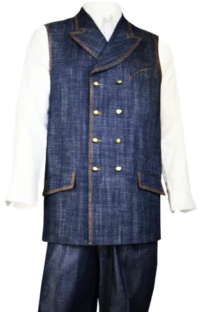 Double Breasted Denim 2pc Zoot Suit Vest Set - Navy