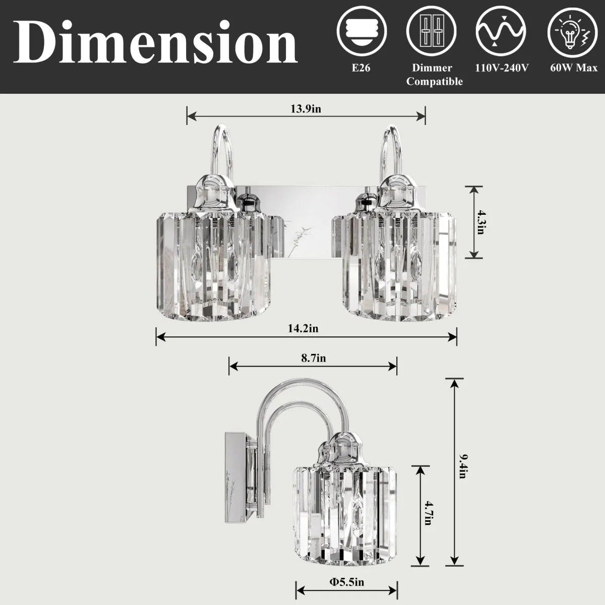 ExBrite 12" 2-Light Vanity Light with Crystal Design, Chrome