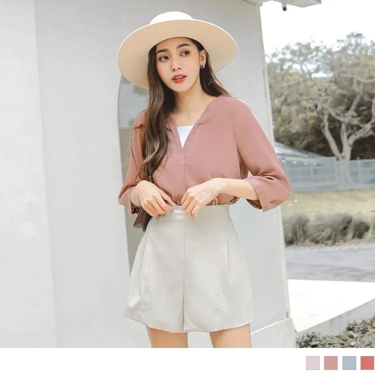 FAKE TWO PIECE 3/4 SLEEVE V-NECK CHIFFON TOPS