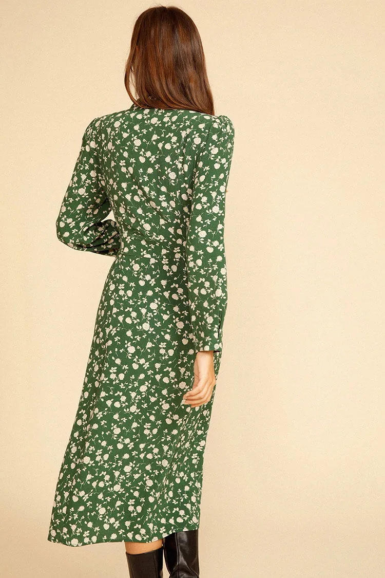 Floral Print Long Sleeve Button Up French Shirt Midi Dress - Green