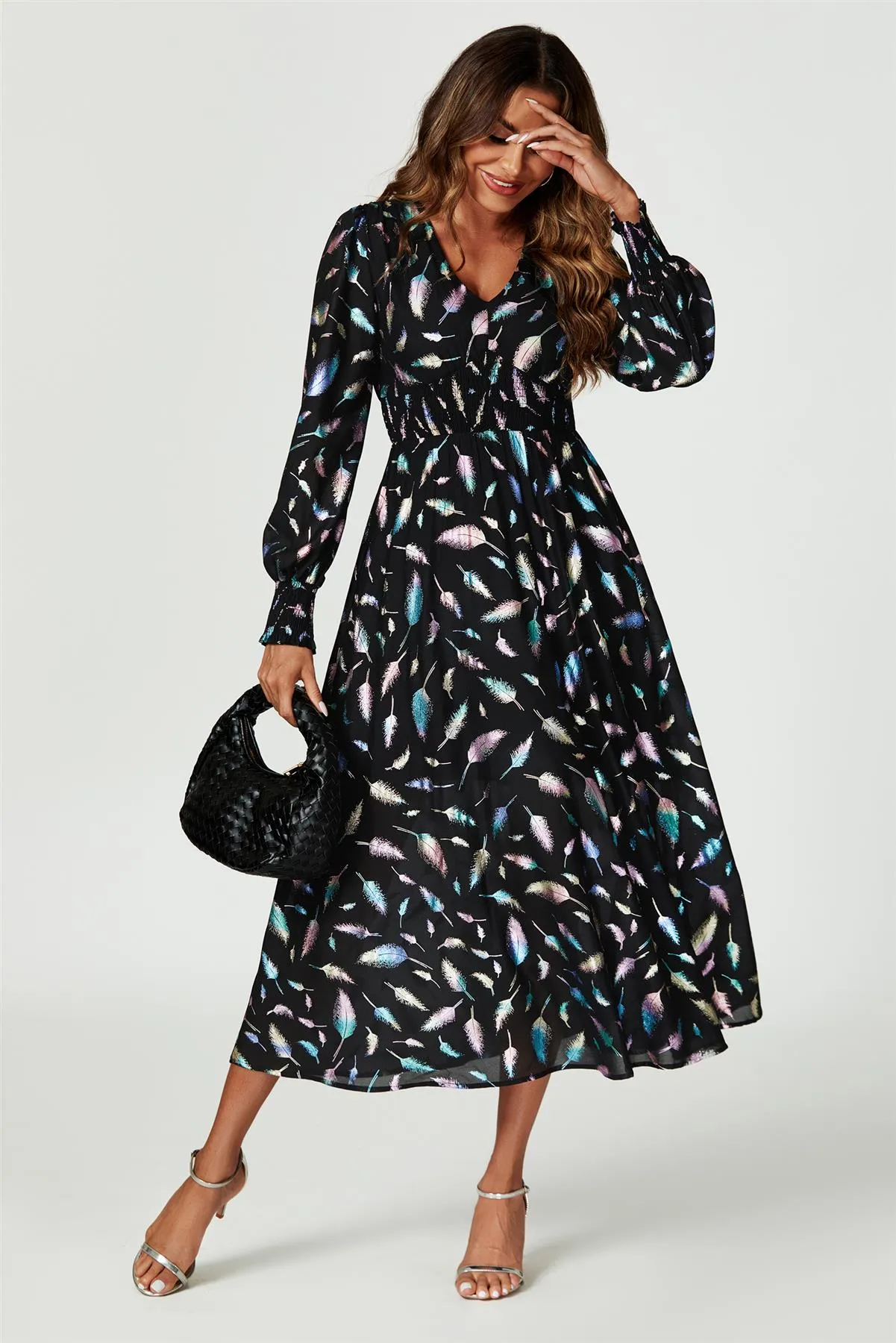 FS Collection Shirred Leaf Print Black Midaxi Dress