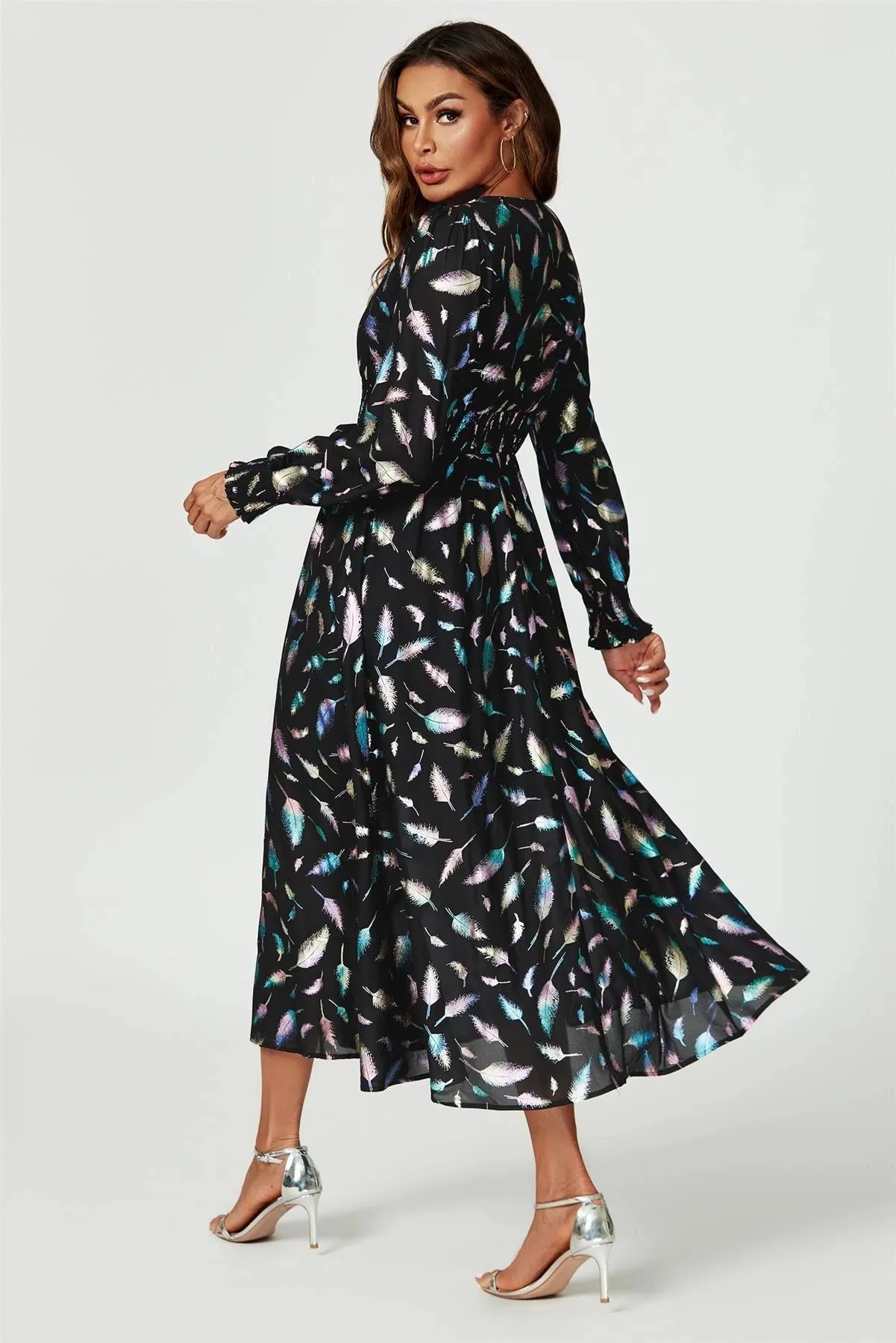 FS Collection Shirred Leaf Print Black Midaxi Dress