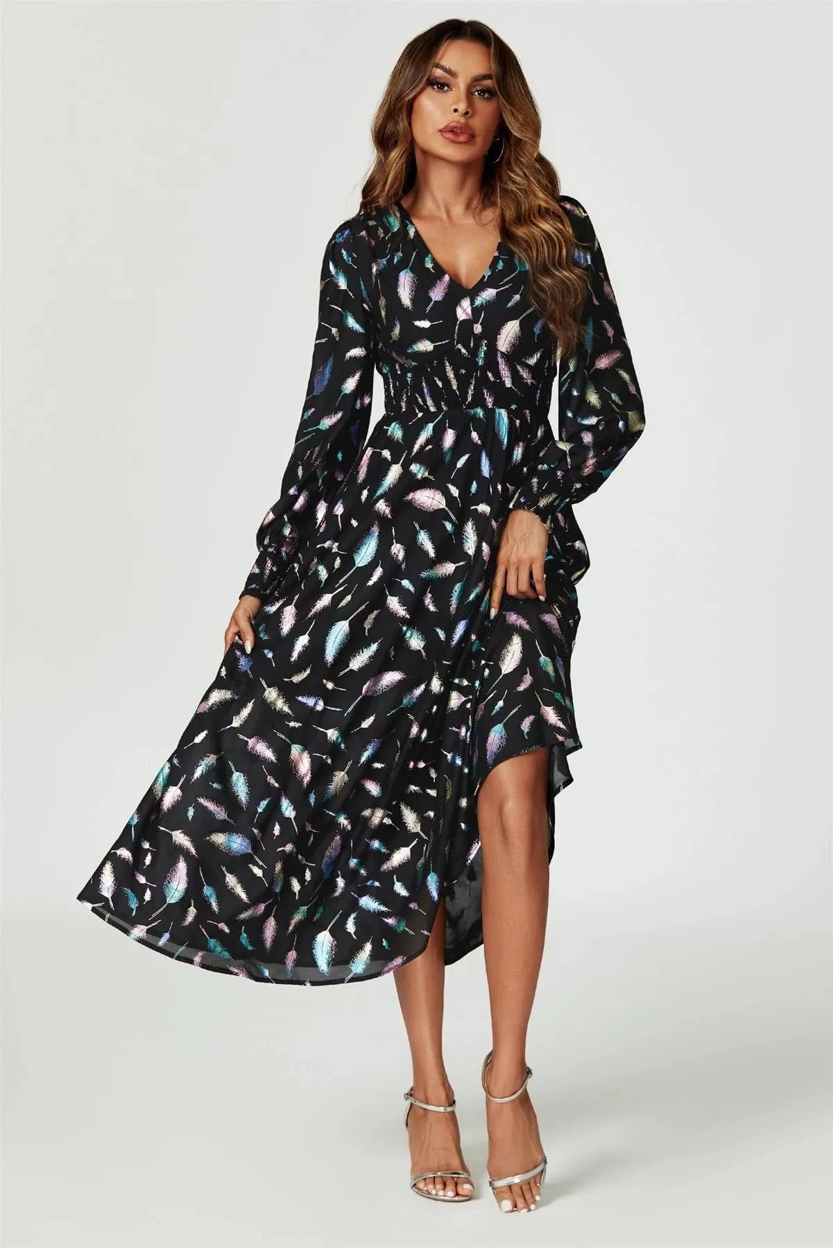 FS Collection Shirred Leaf Print Black Midaxi Dress