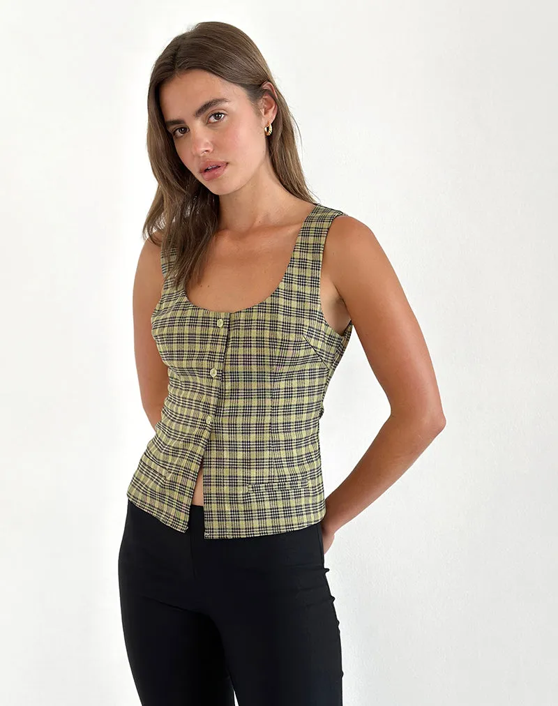 Ganita Button Through Vest Top in Yellow Check