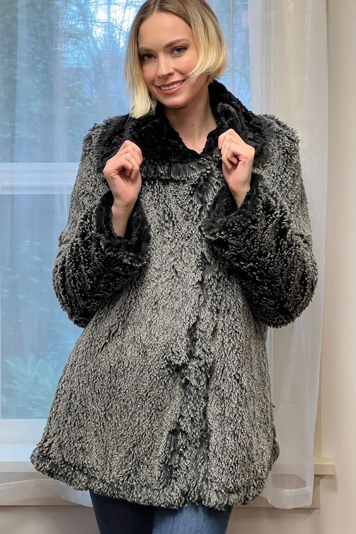 Hepburn Swing Coat, Reversible less pockets - Luxury Faux Fur in Silver Tip Black with Black (SOLD OUT)