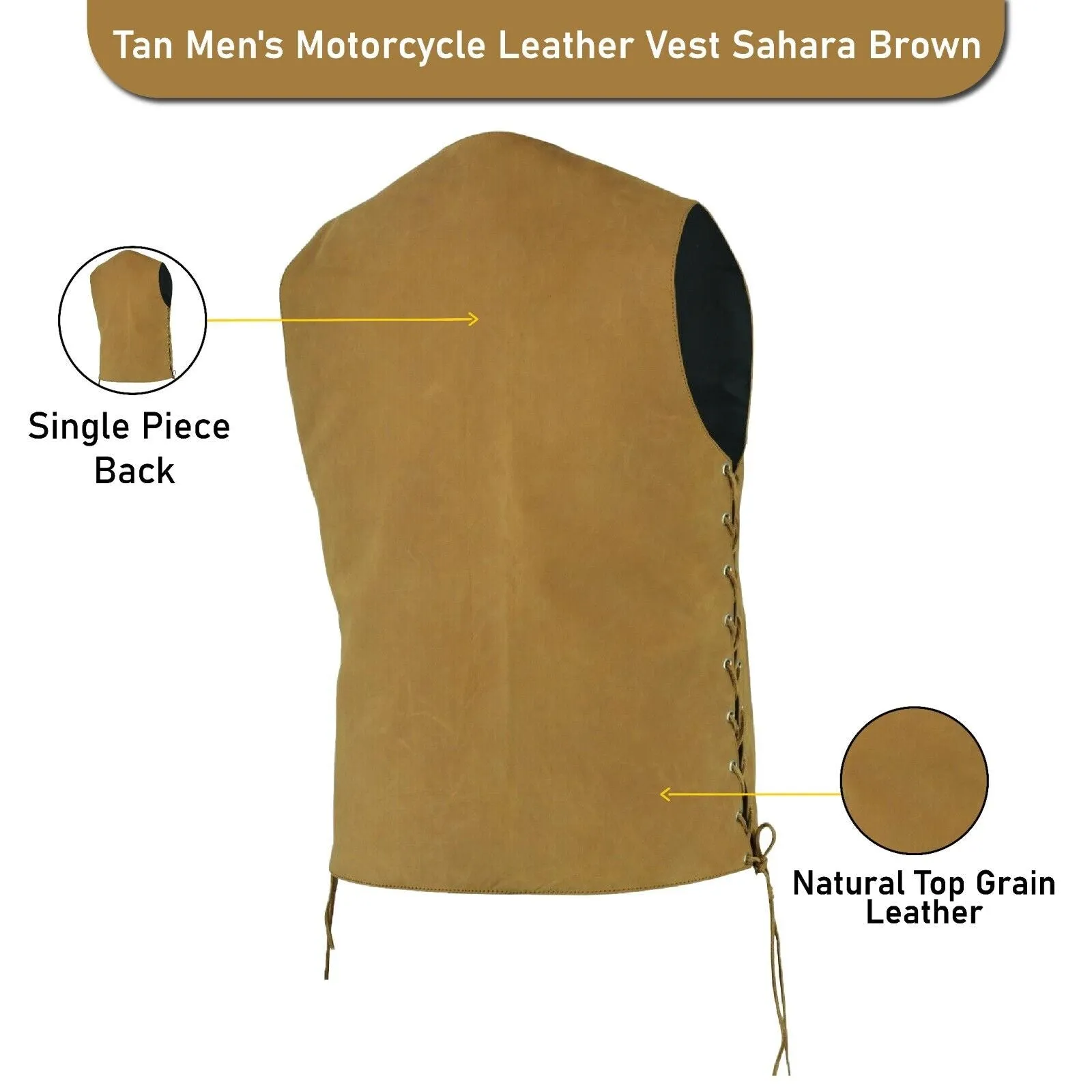 HL3540TAN Men's Motorcycle Leather Vest Sahara Brown TAN Distressed Biker Side Lace Gun CC