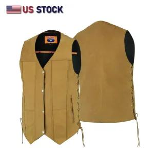 HL3540TAN Men's Motorcycle Leather Vest Sahara Brown TAN Distressed Biker Side Lace Gun CC